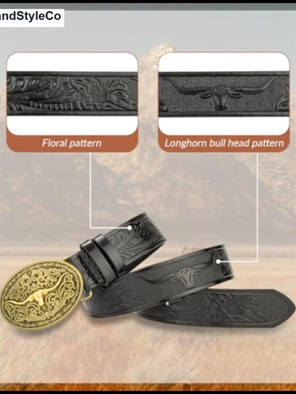 Womens Cowgirl Belt Longhorn Buckle PU Leather Western Faux Leather Adjustable
